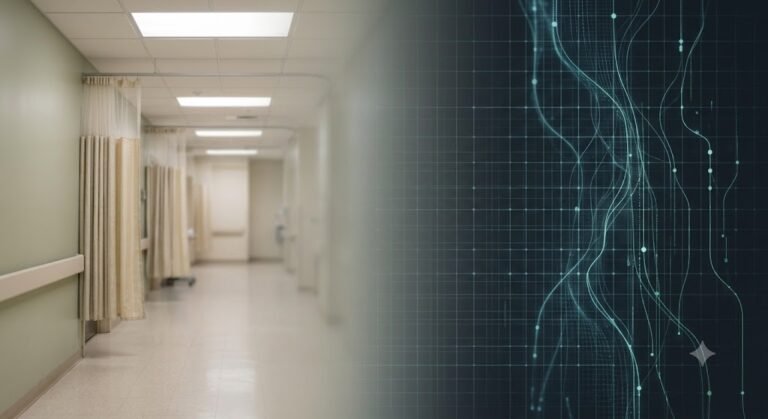 A conceptual image showing the divide between a clinical hospital setting and abstract digital data flow, representing the gap in patient data protection.