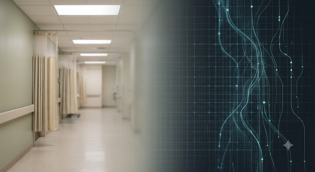 A conceptual image showing the divide between a clinical hospital setting and abstract digital data flow, representing the gap in patient data protection.