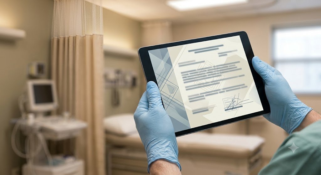 A person in a medical setting holds a device displaying abstract document graphics, representing patient data agreements and digital health privacy.