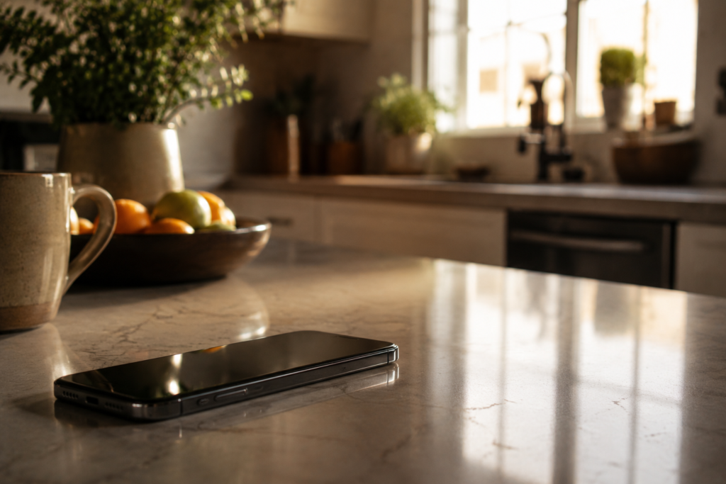 Smartphone lying silent and dark on a kitchen counter, screen black, the call from your doctor that never came