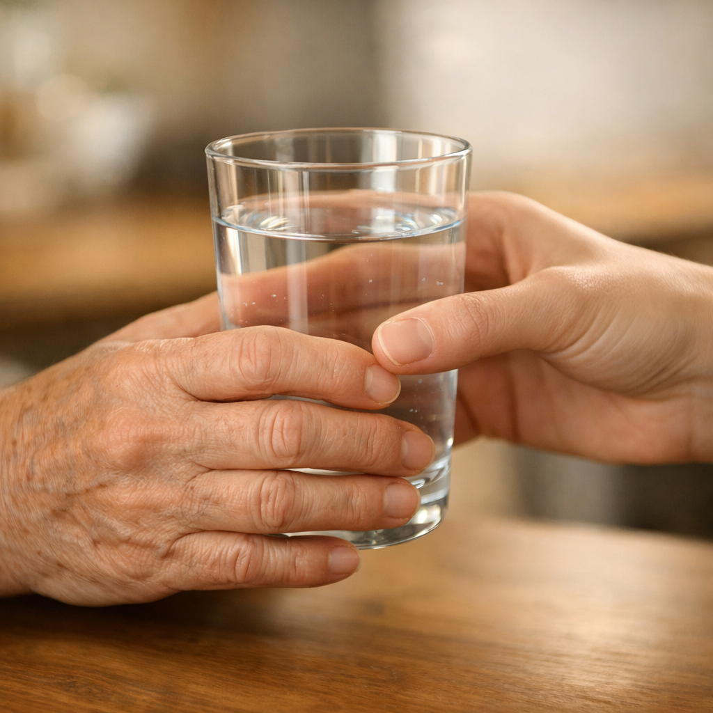A younger hand passes a glass of water to an older, weathered hand resting on a wooden surface. 