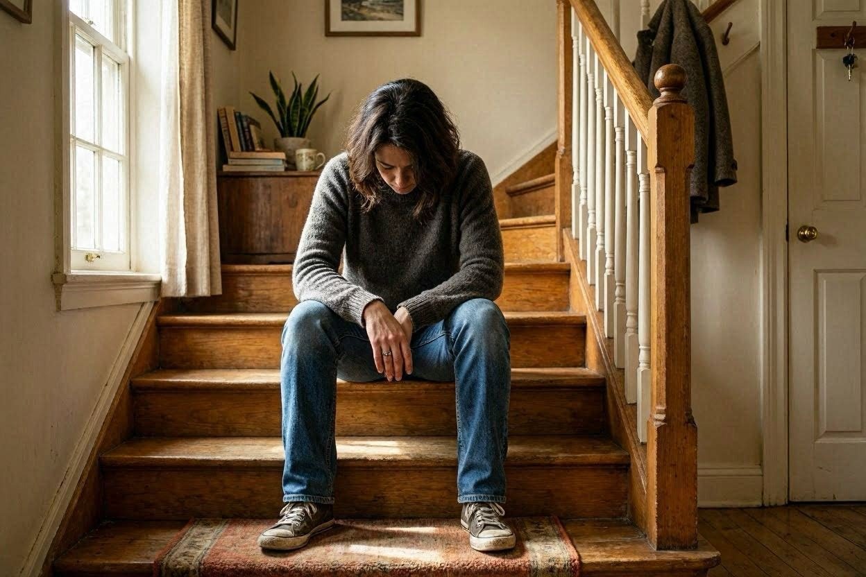 A person with long dark hair sits alone on the bottom steps of a wooden staircase, head down, hands resting on their knees. Warm natural light comes through a nearby window. The mood is quiet and exhausted.
