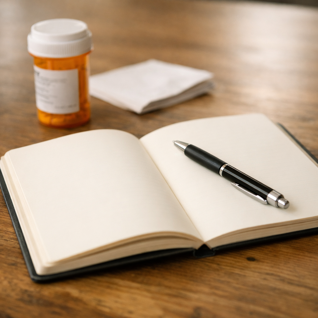 An open blank journal with a pen resting on it sits on a wooden surface, alongside an orange prescription bottle and a folded piece of paper in the background. Clean, spare, natural light.