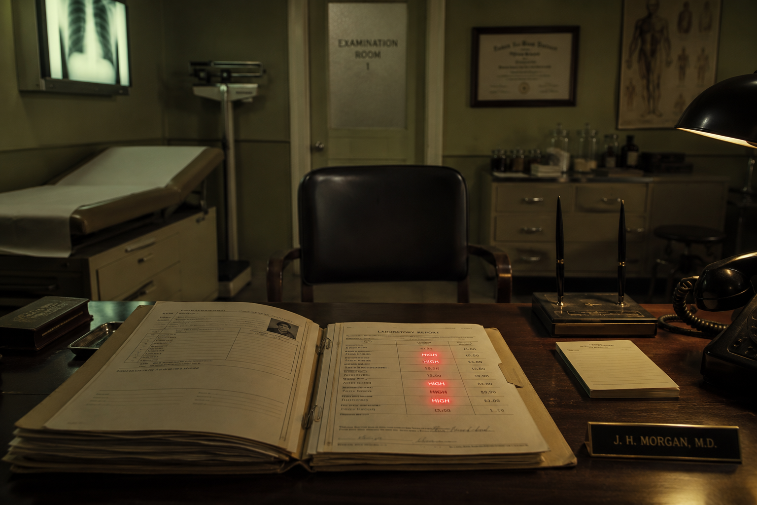 Open medical chart on a doctor's desk with multiple red flagged lab values visible under lamplight, framed diplomas on the wall in the background