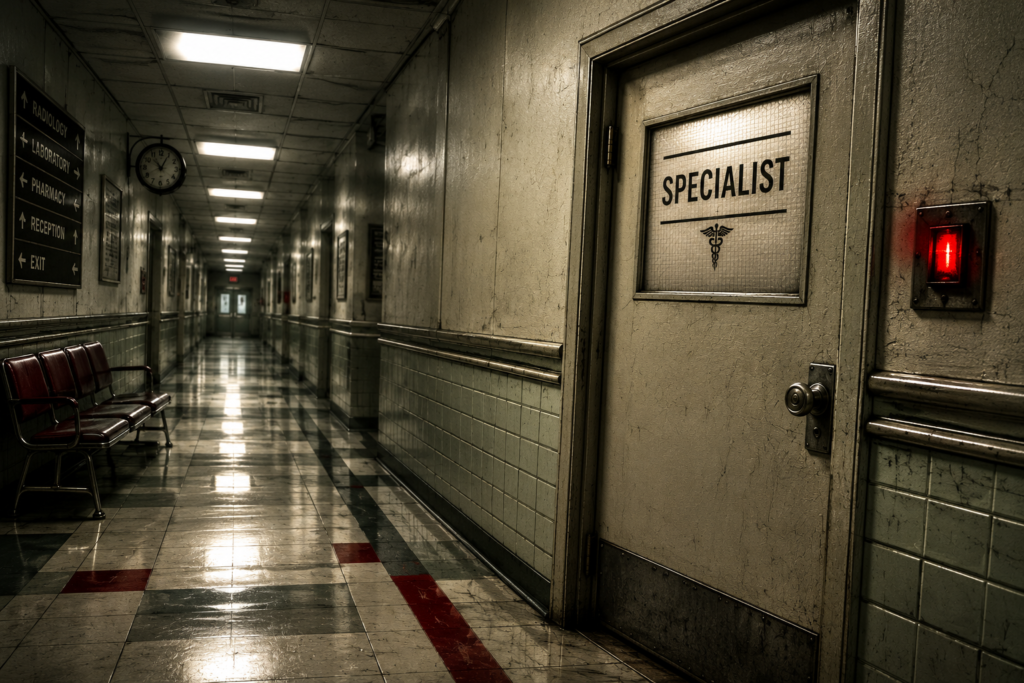 Long hospital corridor leading to a door labeled SPECIALIST with a red warning light above it