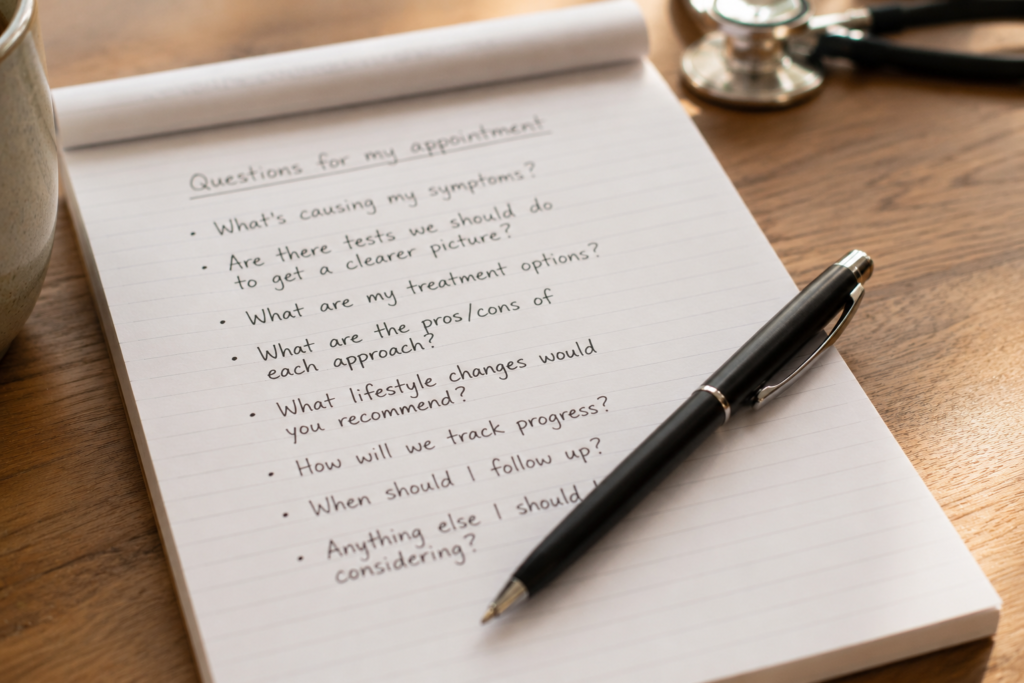 A handwritten list of questions for a doctor's appointment on a notepad, with a pen and stethoscope nearby, representing the kind of prepared, informed patient who gets better answers.