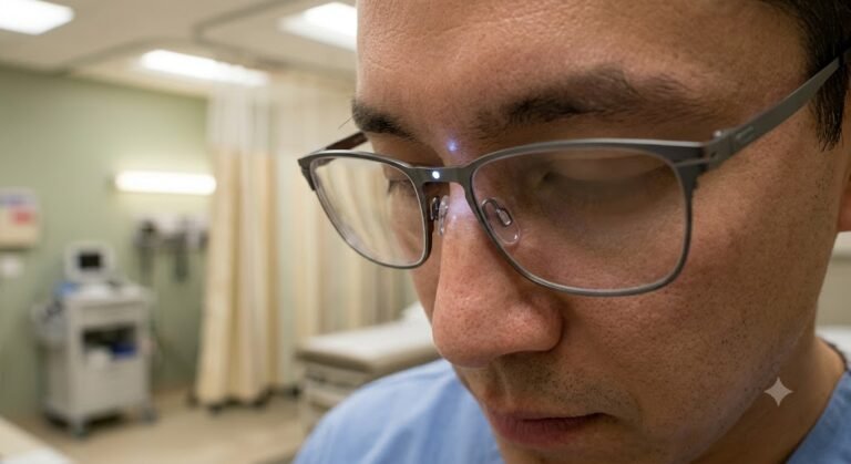 A person in medical scrubs wearing smart glasses with a small LED indicator light visible on the frame, standing in a clinical exam room setting.