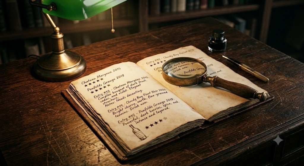 Magnifying glass resting on an open notebook filled with handwritten reviews and star ratings under a green desk lamp