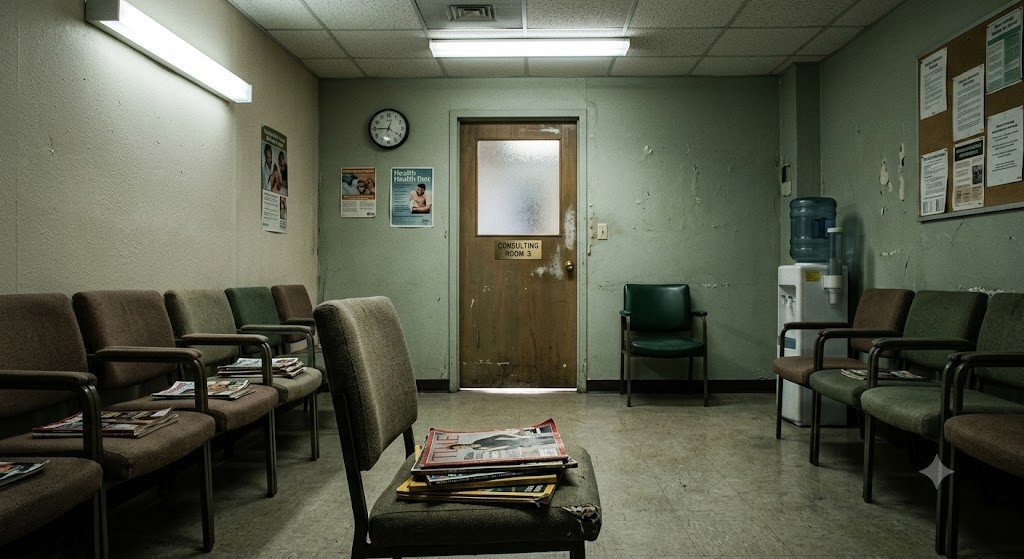 Empty medical waiting room with worn chairs, outdated magazines, and a closed consulting room door