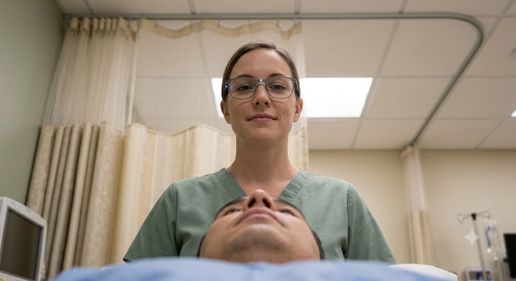 A patient's view from an exam table looking up at a medical staff member in scrubs wearing smart glasses in a hospital exam room.