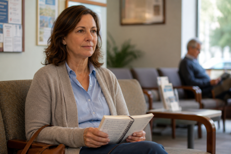 A middle-aged woman sits in a medical waiting room holding an open notebook filled with handwritten notes, looking composed and alert.
