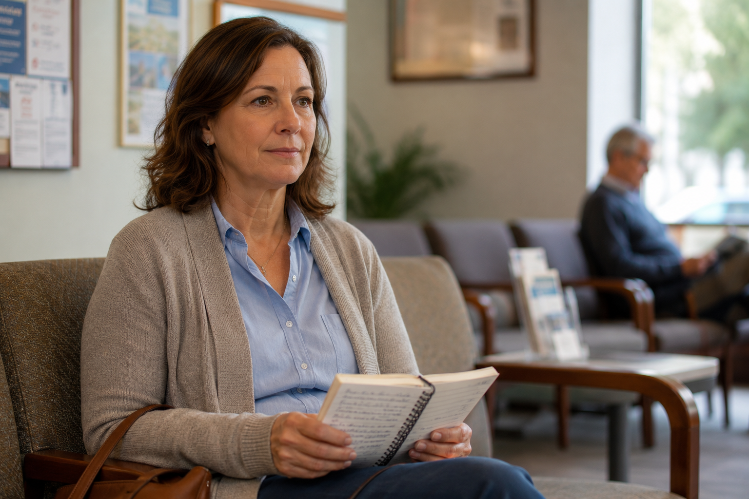 A middle-aged woman sits in a medical waiting room holding an open notebook filled with handwritten notes, looking composed and alert.