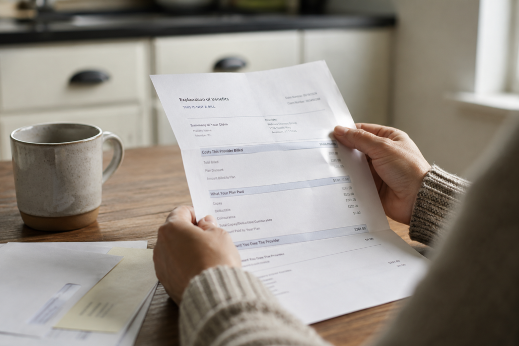 A person sitting at a kitchen table reading an Explanation of Benefits insurance document, with additional paperwork and a ceramic mug visible nearby