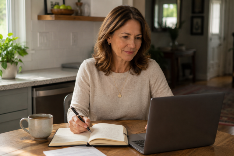 A woman taking notes in a journal while researching on her laptop at a sunny kitchen table, representing the kind of informed preparation that leads to better healthcare conversations.