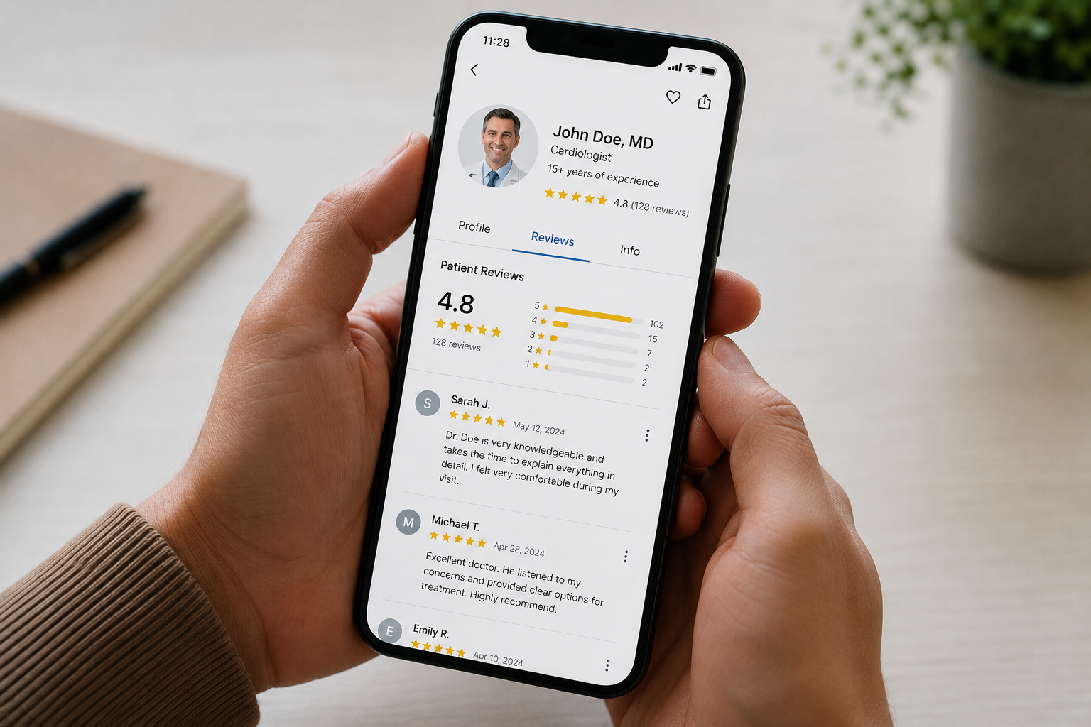 Hands holding a smartphone displaying a doctor's patient review page with star ratings and written reviews visible on screen