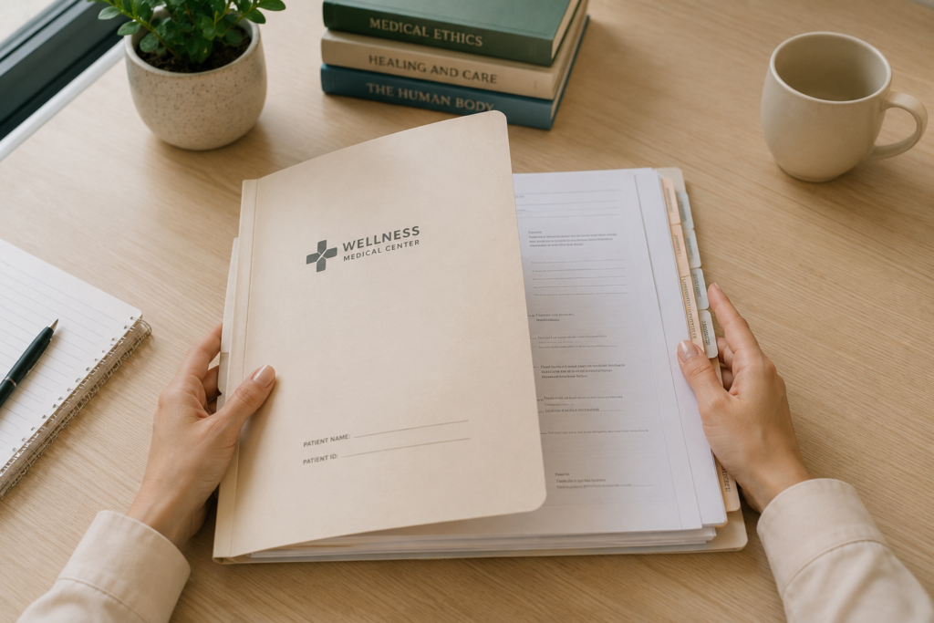 Hands opening a medical patient folder with tabbed records inside, notebook and medical reference books visible on the desk in background