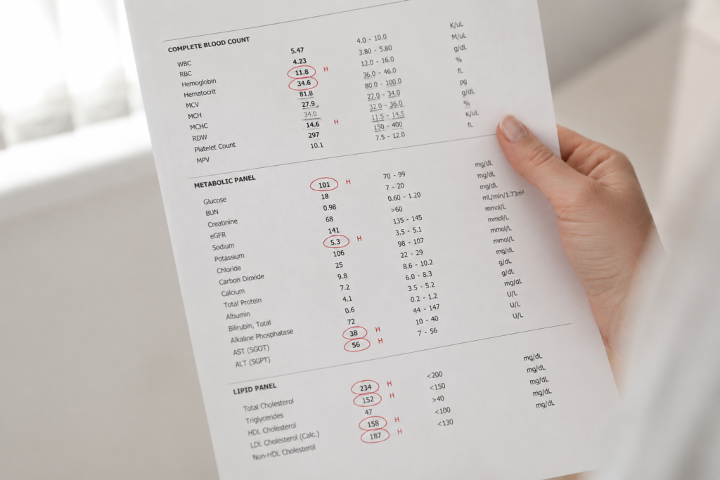 Hand holding printed blood test results showing multiple flagged values circled in red across a complete blood count, metabolic panel, and lipid panel