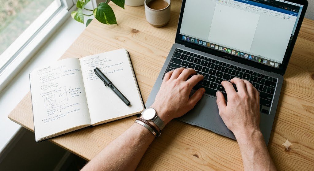 Overhead view of hands typing on a laptop next to an open notebook with handwritten notes and a pen on a wooden desk