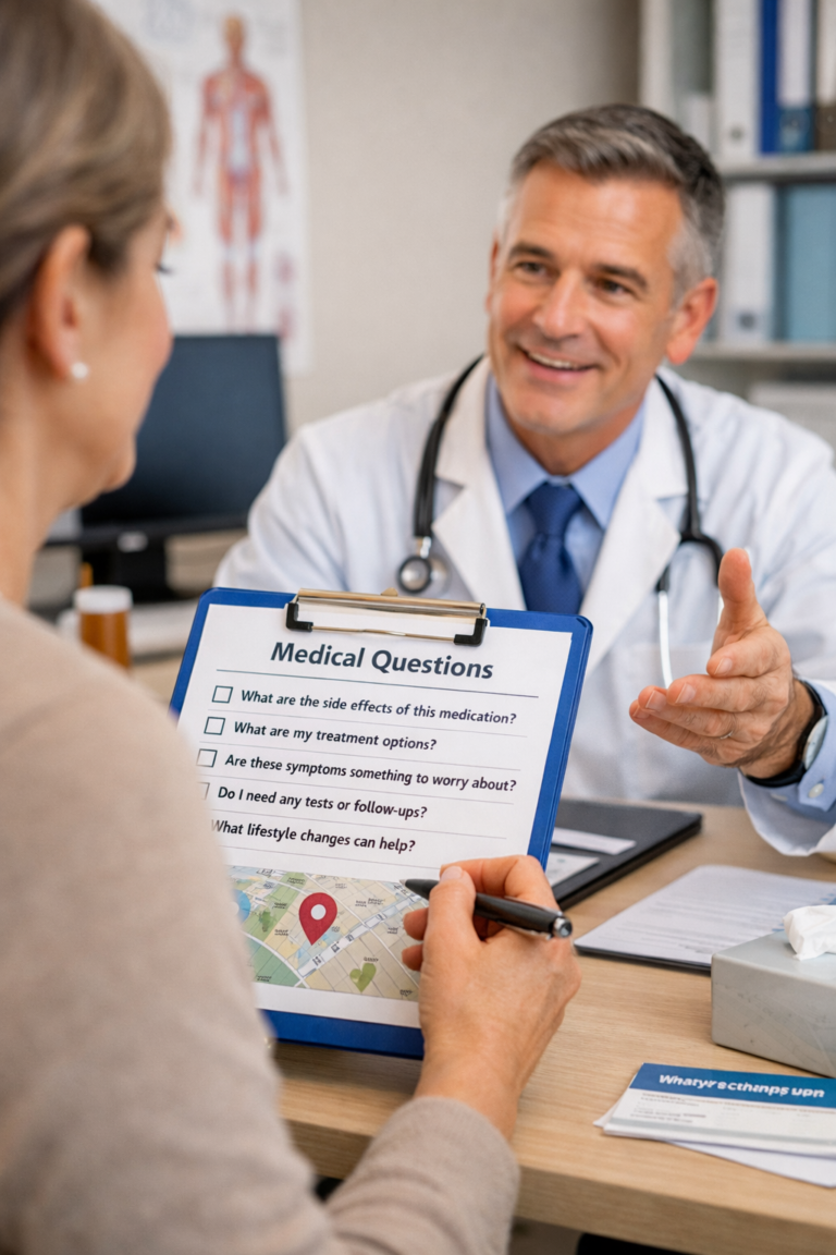 Patient asking her doctor questions about her health care