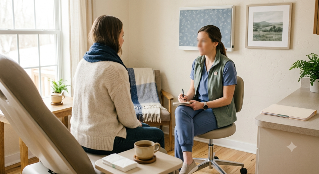 A patient and healthcare provider sit talking in a calm exam room, with the provider taking notes on a clipboard