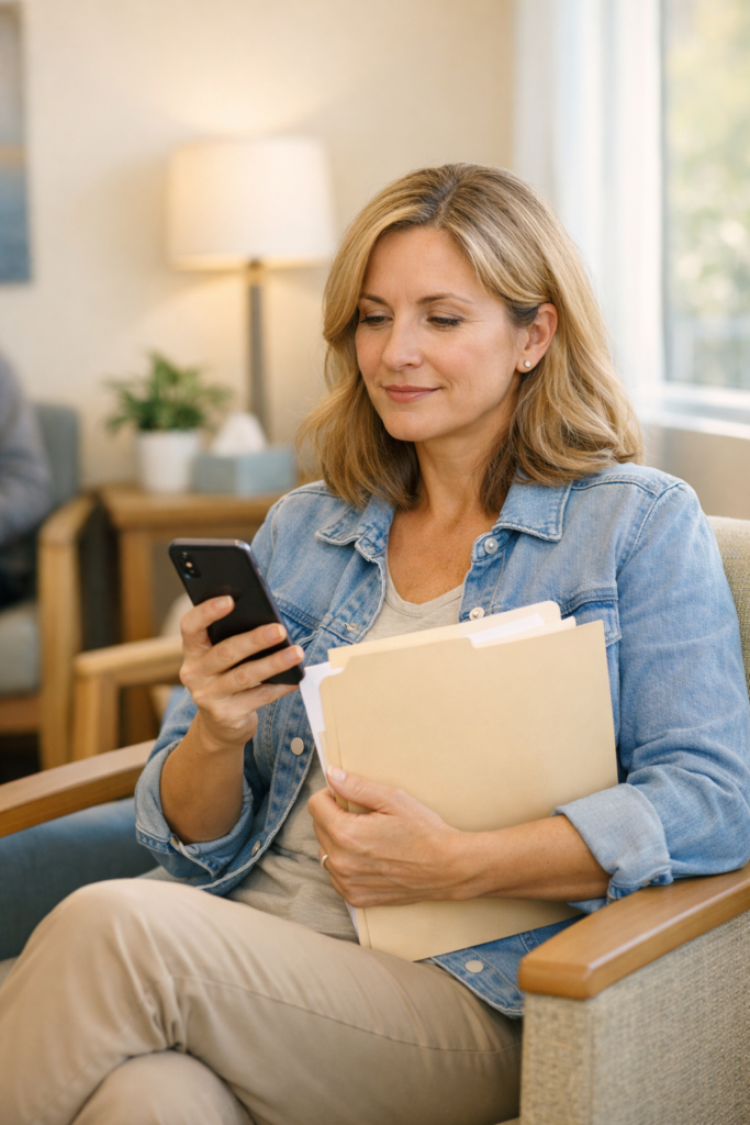 Woman in a waiting room checking her phone while holding a folder of medical records
