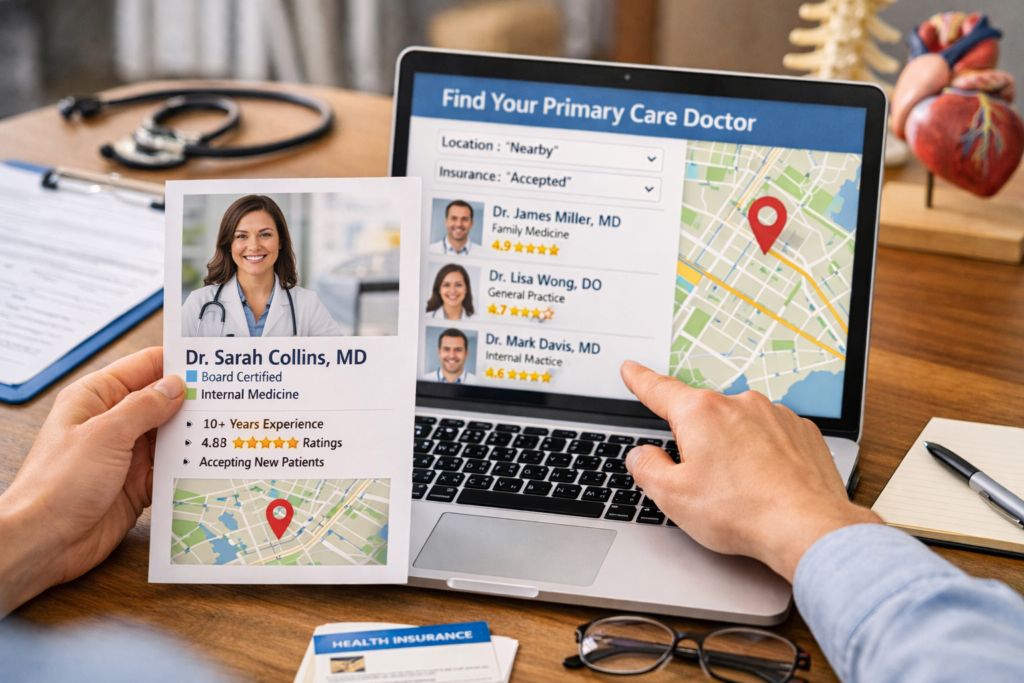 someone using electronic devices to choose a new primary care physician
