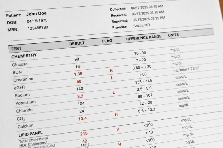 Lab report showing reference range column with H and L flags next to test results like glucose, creatinine, and cholesterol.