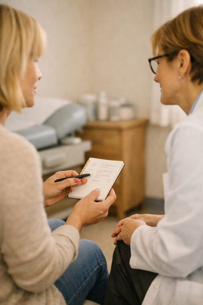 Patient holding a handwritten notebook while talking with her doctor in an exam room