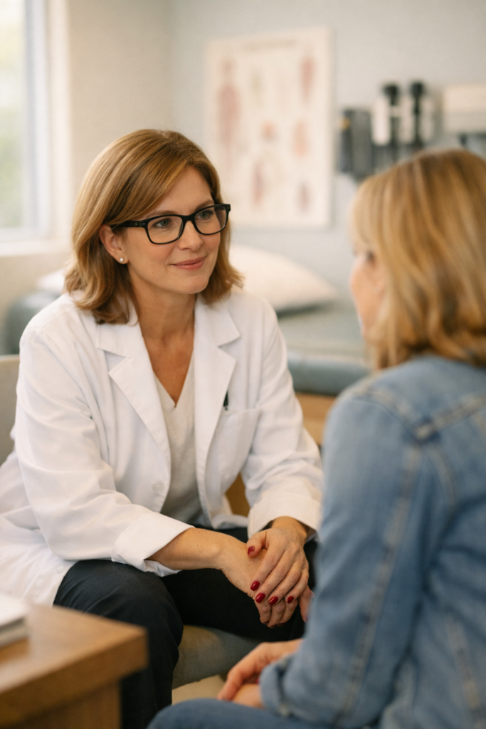 Doctor in a white coat sitting and talking with a patient in an exam room