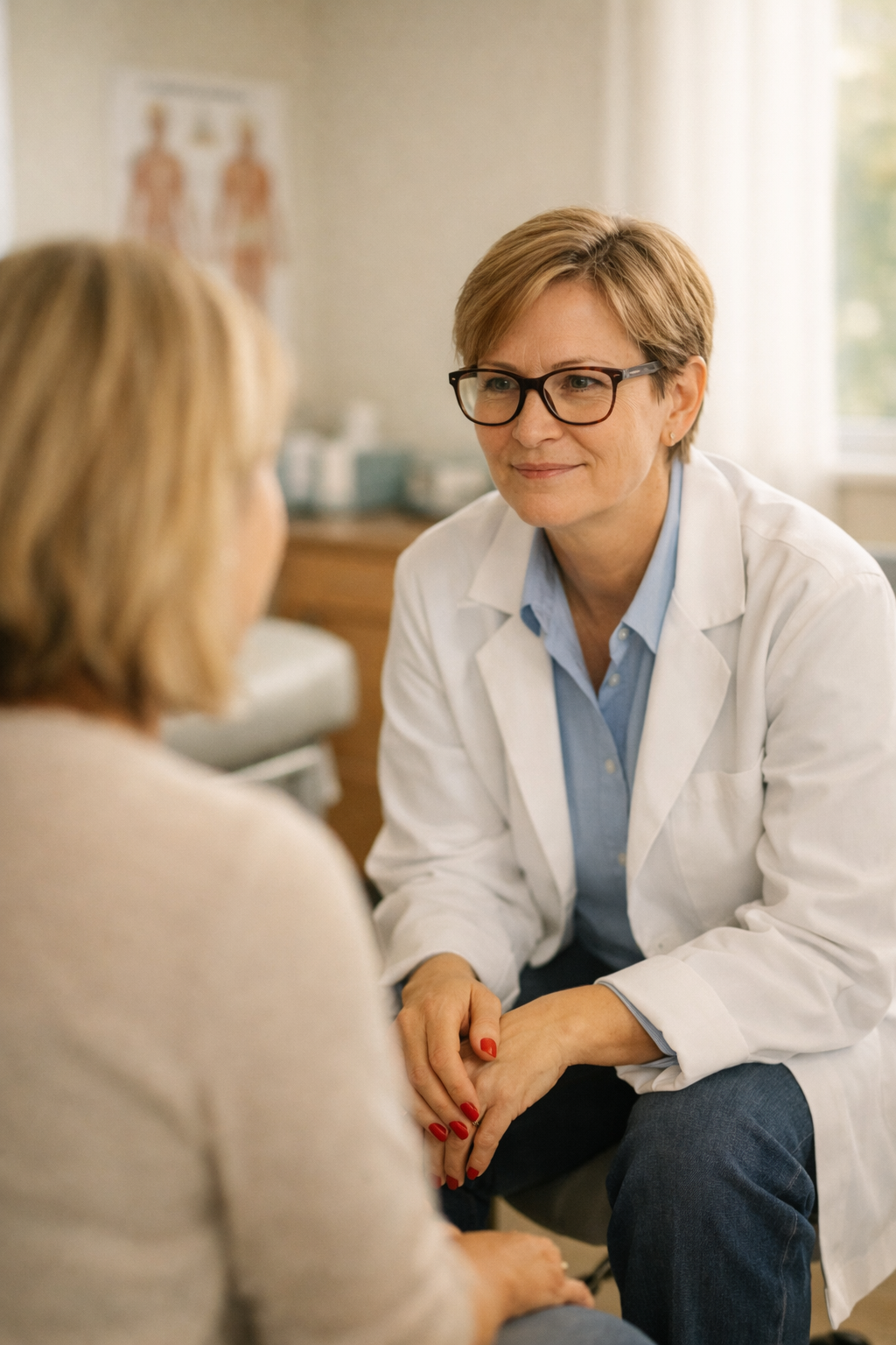 Doctor in a white coat sitting and listening attentively to a patient during a primary care appointment