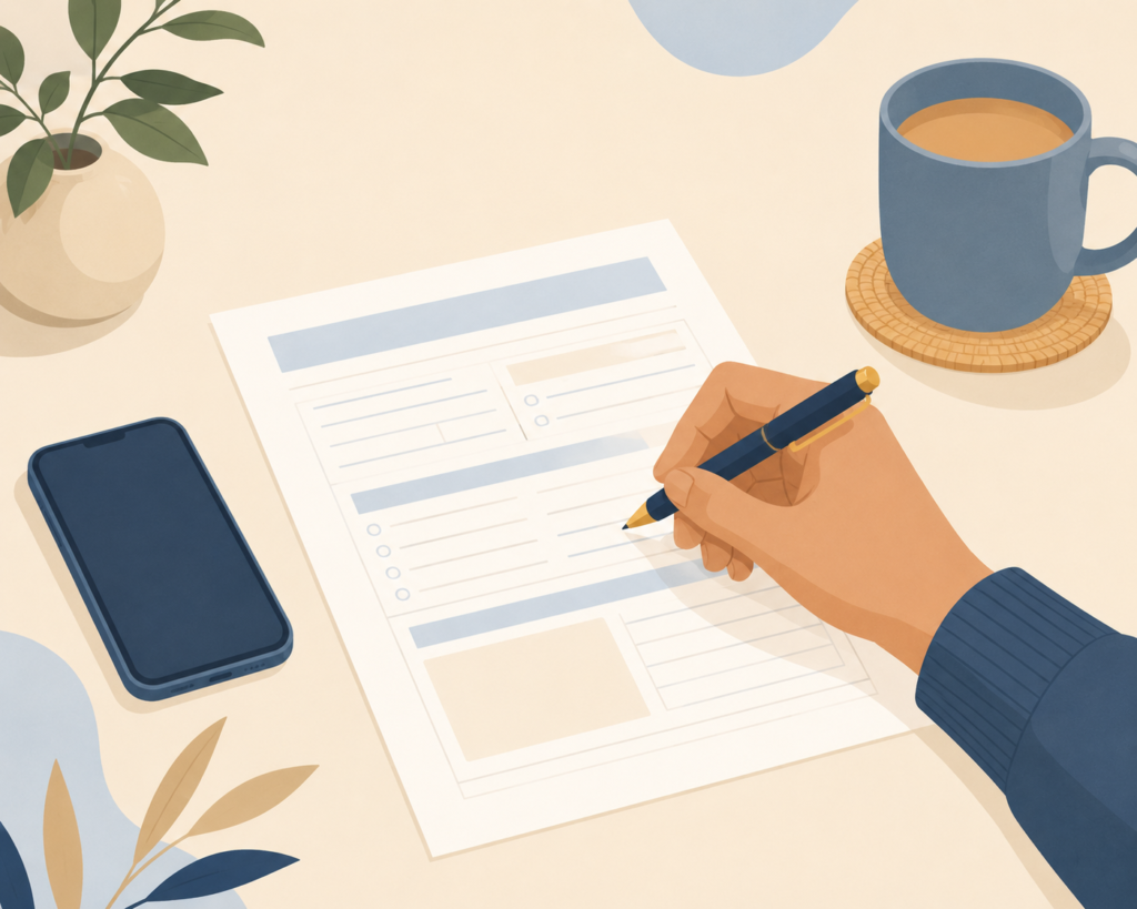 Close-up of a hand filling out a medical records request form with a pen, coffee and phone nearby on a desk