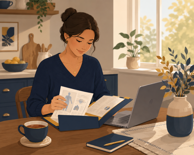 Woman reviewing her printed medical records at a kitchen table, with a laptop, tea, and notebook nearby, in a warm navy and gold home setting