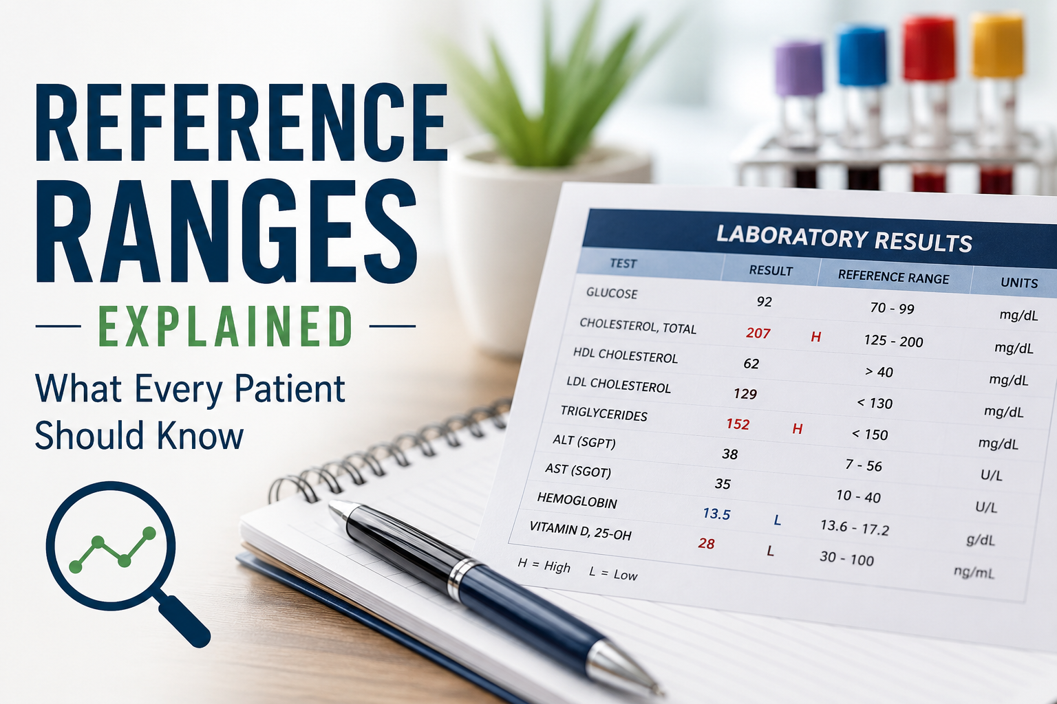 Lab results report showing reference ranges for glucose, cholesterol, and other blood tests, with the title 'Reference Ranges Explained: What Every Patient Should Know.'