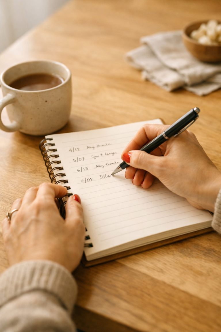 Hands writing dated symptom entries in a notebook timeline at a table with coffee