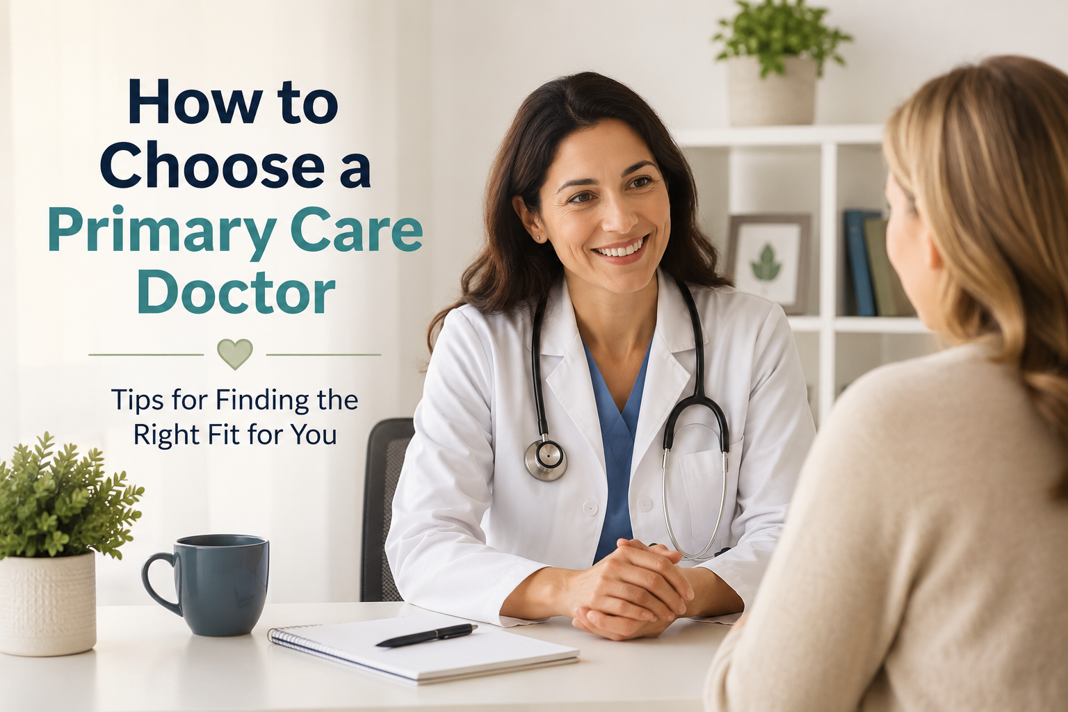 A primary care doctor smiles while talking with a patient during an office visit, illustrating how to choose a primary care doctor for preventive and ongoing healthcare.
