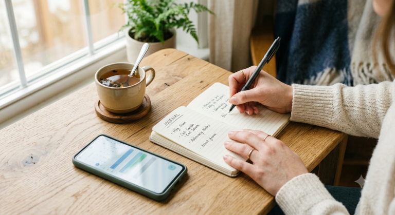 A woman writes advocacy notes in a journal beside a cup of tea and a phone showing a calendar app, on a wooden table by a window