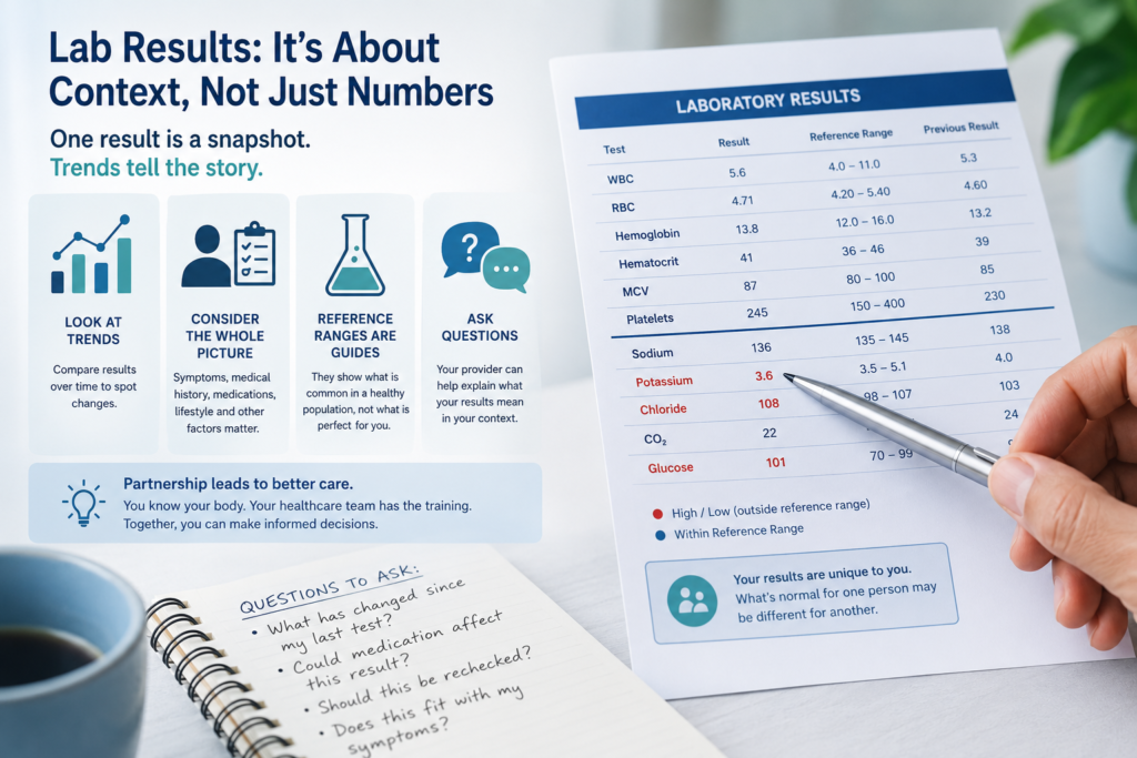 Infographic on reading lab results in context, showing tips to look at trends, consider the whole picture, and ask questions, alongside a sample lab report with flagged results.