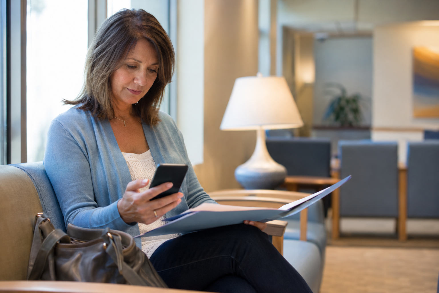 Woman in a waiting room checking her phone while holding medical records, considering a new primary care doctor