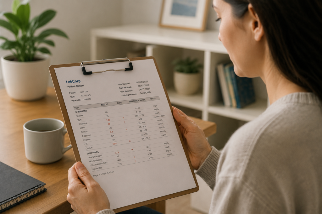 Woman at a home desk holding a clipboard and reading her lab report, reviewing results and reference ranges flagged high or low.
