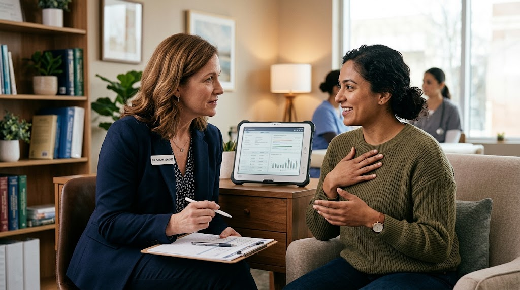 Patient and primary care doctor having an attentive conversation during a medical appointment